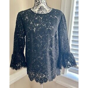 Banana Republic Bell Sleeve Sheer Lace Scalloped Hem Black Top Whimsigoth Sz Med